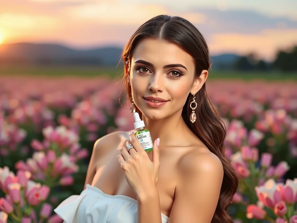 Una donna elegante con un sorriso sereno, che tiene in mano un piccolo flacone di prodotto cosmetico naturale, sullo sfondo di un campo fiorito al tramonto.