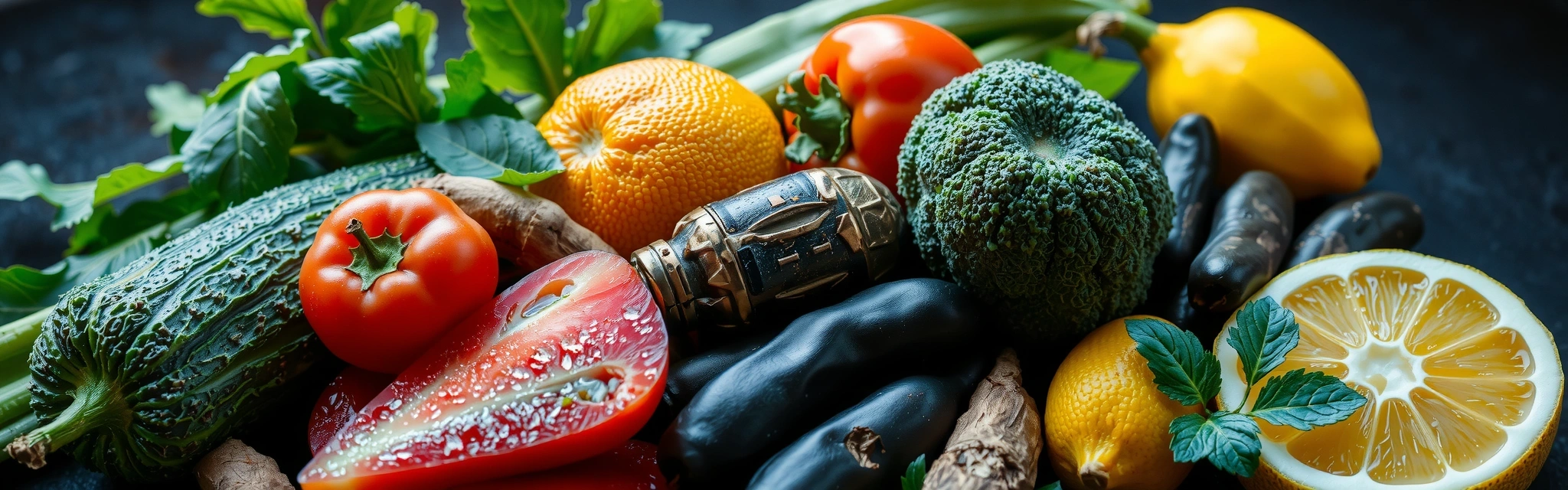 Vista panoramica di ingredienti naturali freschi e luminosi, che simboleggiano purezza e vitalità. Colori vivaci e texture delicate.