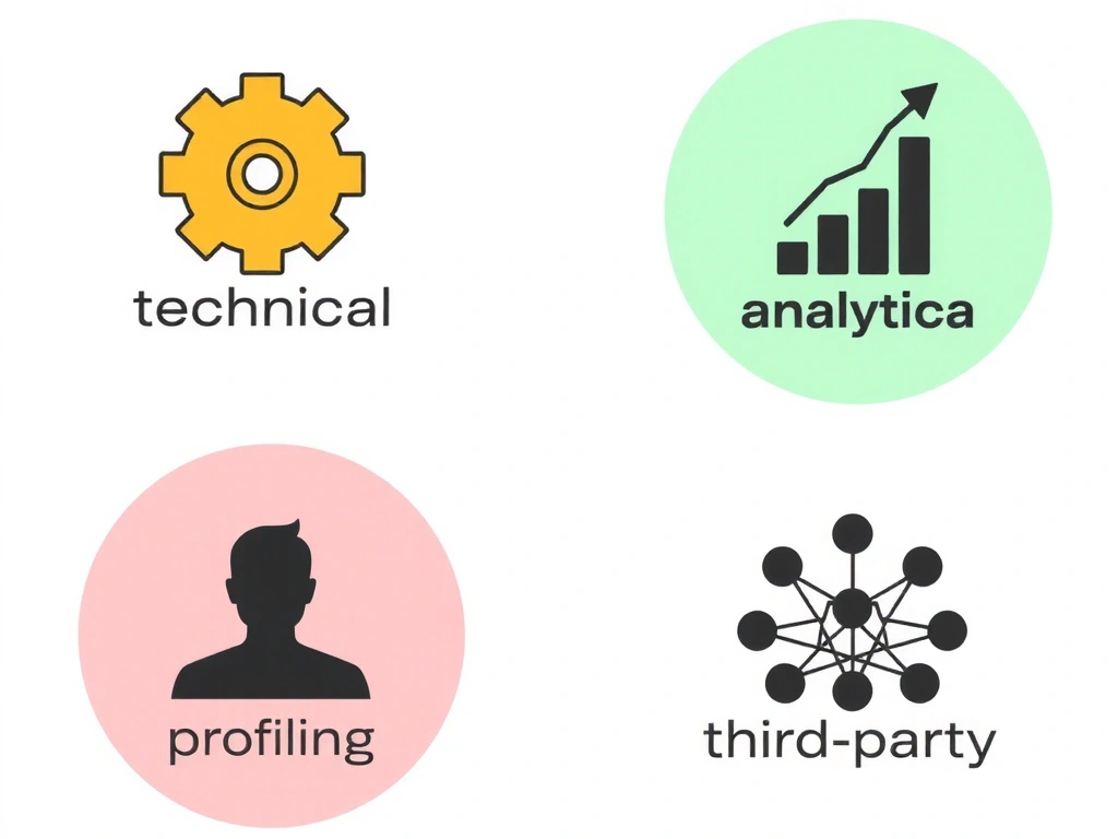 Vari tipi di cookie digitali rappresentati con icone diverse