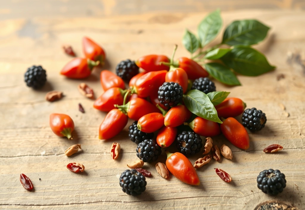 Bacche di Goji fresche e secche sparse su una superficie di legno rustico, con un focus nitido sui frutti.