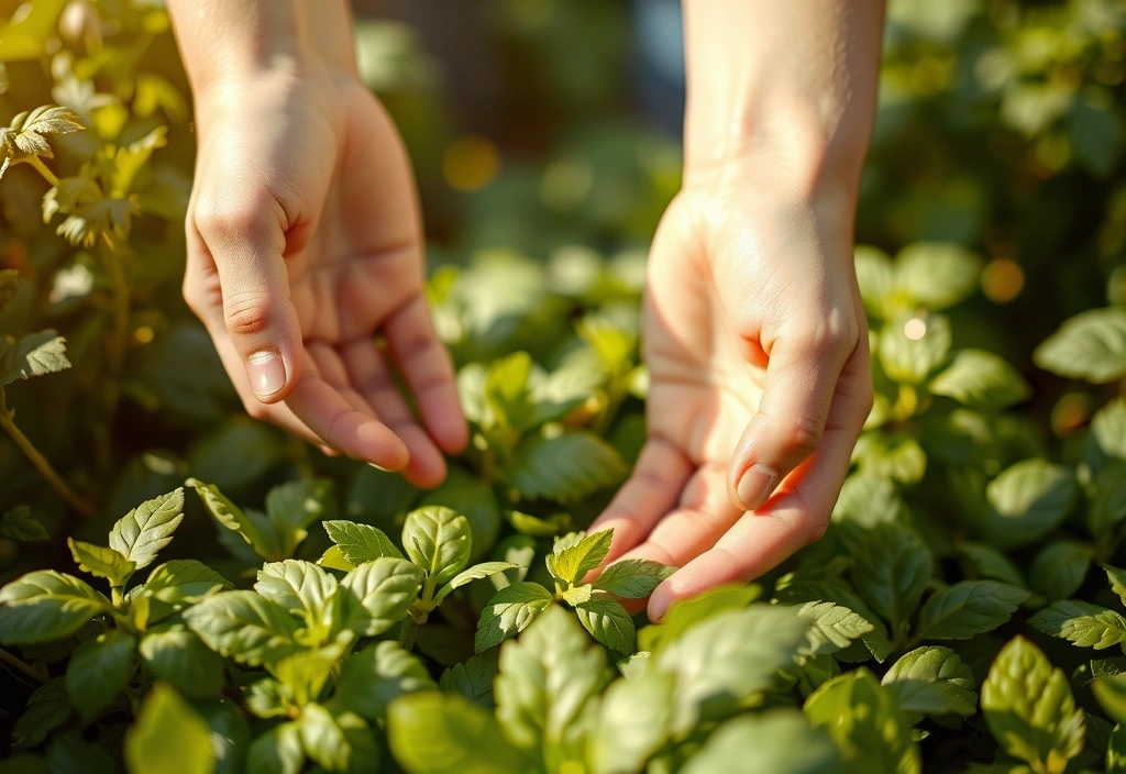 Mani che raccolgono erbe fresche in un campo soleggiato, simboleggiando la raccolta sostenibile degli ingredienti naturali.