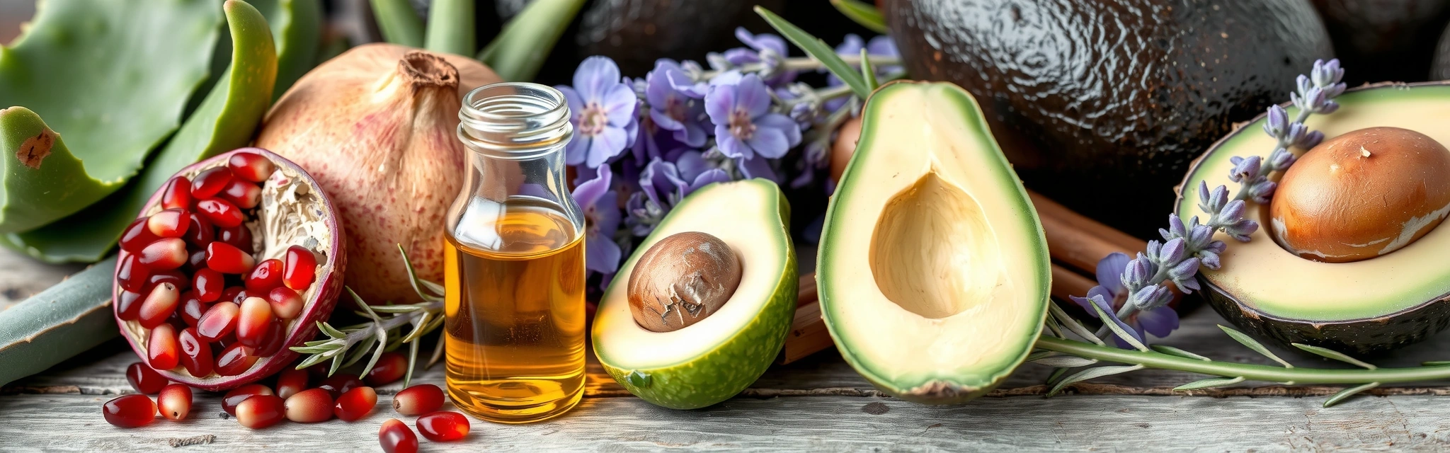 Vari ingredienti naturali come piante, oli essenziali e frutti esotici, disposti armoniosamente per rappresentare la purezza e l'efficacia.