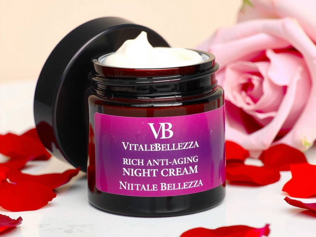 Crema Notte Anti-età VitaleBellezza, una crema ricca in un elegante vasetto, con petali di rosa sul tavolo.